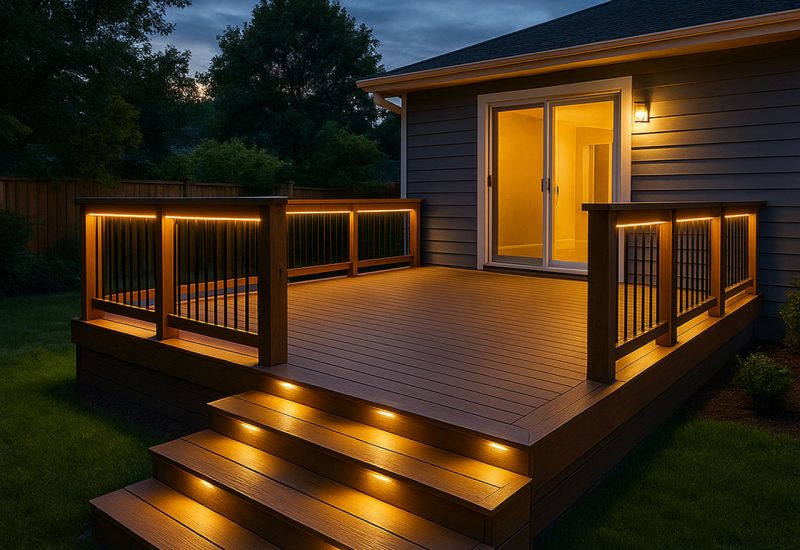 A beautifully lit wooden deck at dusk, featuring warm under-stair and railing lights, a clean design with black railings, and a glass sliding door leading into the home. The surrounding green lawn and trees create a serene outdoor ambiance.