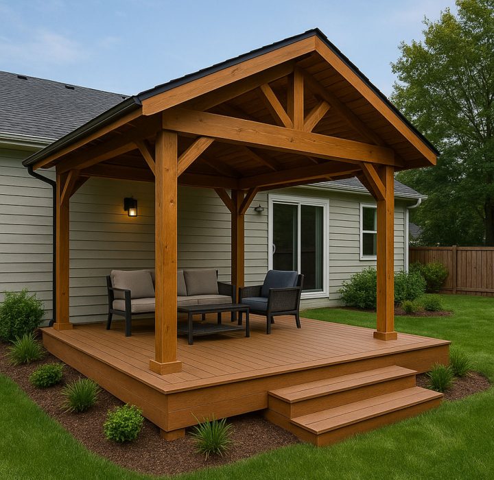 A cozy covered deck with a gabled roof and sturdy wooden beams, furnished with a sofa and chair set. The deck is elevated with steps and surrounded by landscaping, offering a comfortable outdoor living space adjacent to a house.