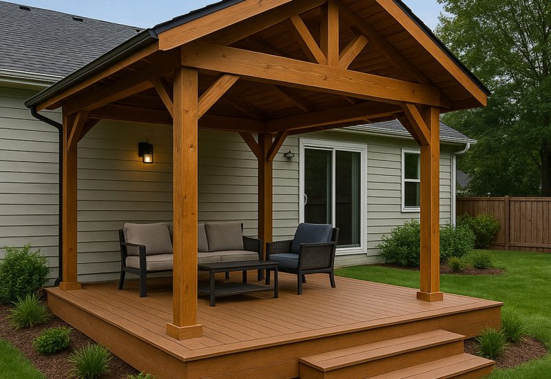 A cozy covered deck with a gabled roof and sturdy wooden beams, furnished with a sofa and chair set. The deck is elevated with steps and surrounded by landscaping, offering a comfortable outdoor living space adjacent to a house.