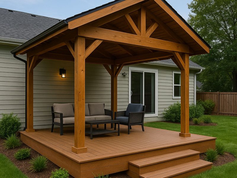 A cozy covered deck with a gabled roof and sturdy wooden beams, furnished with a sofa and chair set. The deck is elevated with steps and surrounded by landscaping, offering a comfortable outdoor living space adjacent to a house.