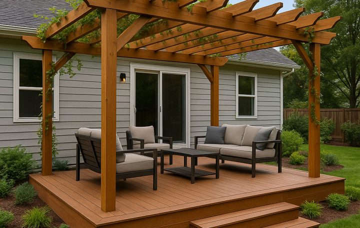 A charming wooden deck with a pergola structure adorned with climbing greenery, providing shade over a seating area with a sofa, chairs, and coffee table. The deck is built on a raised platform with steps and surrounded by well-maintained landscaping.