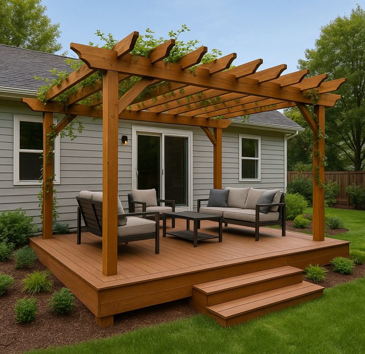 A charming wooden deck with a pergola structure adorned with climbing greenery, providing shade over a seating area with a sofa, chairs, and coffee table. The deck is built on a raised platform with steps and surrounded by well-maintained landscaping.