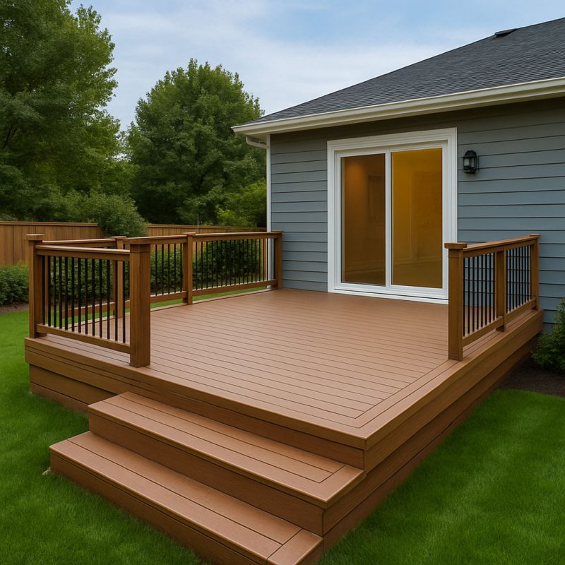 A modern wooden deck with sleek railings and a wide staircase, connected to a home via a large glass sliding door. The deck is elevated and framed by greenery, offering a stylish and functional outdoor extension of the living space.