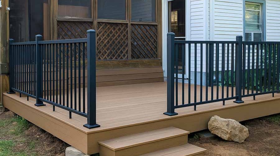 A low-profile backyard deck with a smooth tan-colored surface and black metal railings. The deck features steps leading up from a gravel path, surrounded by rocks and adjacent to a screened-in porch.