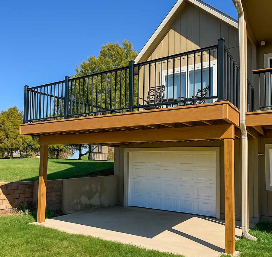 A sleek deck constructed over a garage, showcasing black metal railings and light wood decking. The modern design includes sturdy posts and a clean layout, blending functionality with contemporary style.